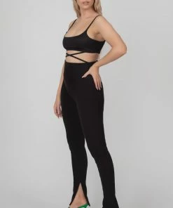 Public Desire UK Split Hem Ribbed Leggings Black KAIIA CLOTHING