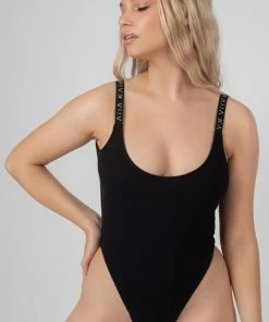 Public Desire UK Kaiia Elastic Scoop Back Low Back Bodysuit Black KAIIA CLOTHING