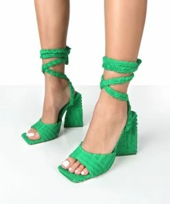 Public Desire UK Mojito Green Towelling Lace Up Pyramid Block Heels