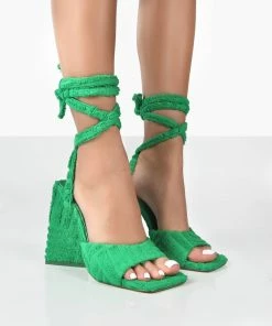 Public Desire UK Mojito Green Towelling Lace Up Pyramid Block Heels