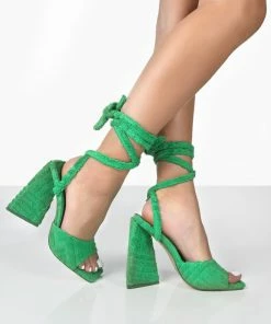 Public Desire UK Mojito Green Towelling Lace Up Pyramid Block Heels