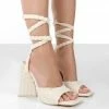 Public Desire UK Back In Stock Mojito Ecru Towelling Lace Up Pyramid Block Heels