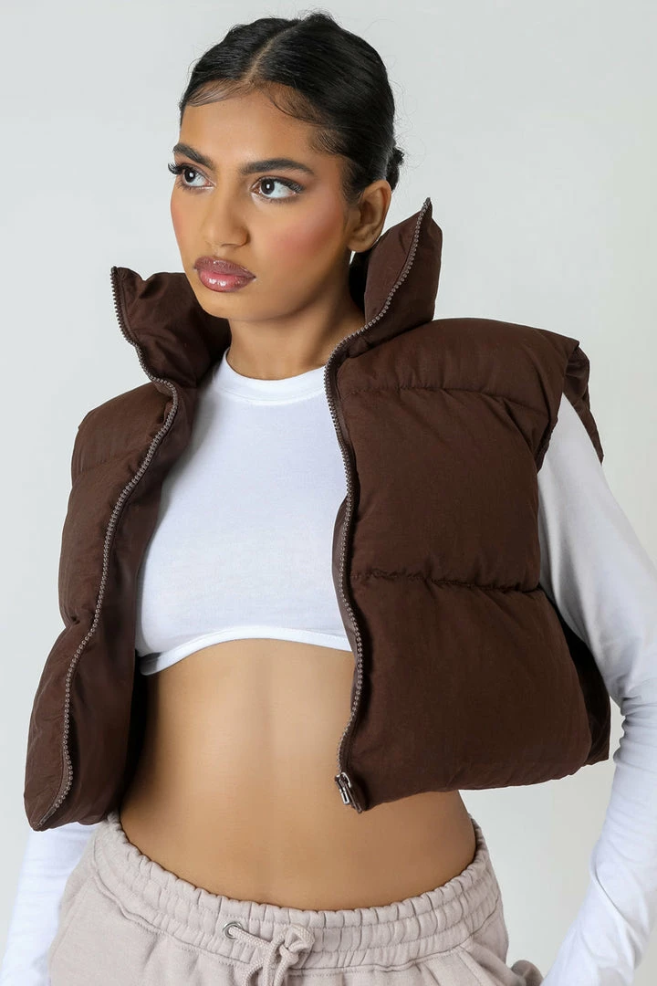 Public Desire UK Cropped Puffer Gilet Chocolate 1 Public Desire UK Cropped Puffer Gilet Chocolate