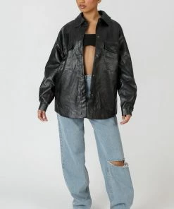 Public Desire UK KAIIA CLOTHING Vegan Leather Pocket Oversized Shacket Black