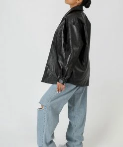 Public Desire UK KAIIA CLOTHING Vegan Leather Pocket Oversized Shacket Black