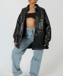 Public Desire UK Pu Padded Shacket Black KAIIA CLOTHING