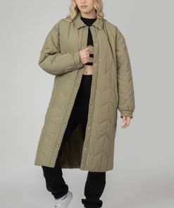 Public Desire UK Chevron Quilted Longline Jacket Khaki KAIIA CLOTHING