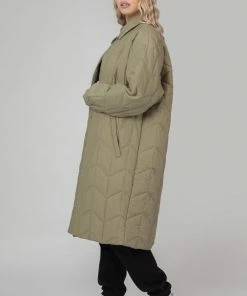 Public Desire UK Chevron Quilted Longline Jacket Khaki KAIIA CLOTHING