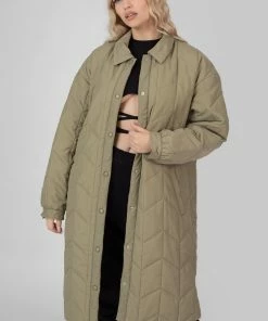 Public Desire UK Chevron Quilted Longline Jacket Khaki KAIIA CLOTHING