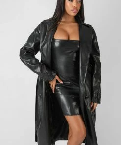 Public Desire UK Longline Pu Belted Trench Coat Black