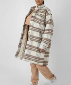 Public Desire UK Longline Soft Touch Check Shacket Ecru KAIIA CLOTHING