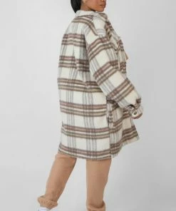 Public Desire UK Longline Soft Touch Check Shacket Ecru KAIIA CLOTHING