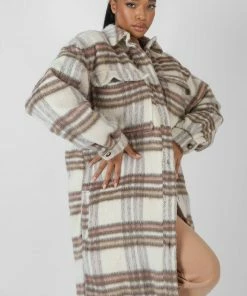 Public Desire UK Longline Soft Touch Check Shacket Ecru KAIIA CLOTHING