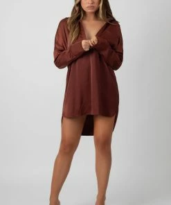 Public Desire UK Satin Shirt Dress Chocolate KAIIA CLOTHING