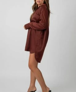 Public Desire UK Satin Shirt Dress Chocolate KAIIA CLOTHING