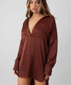 Public Desire UK Satin Shirt Dress Chocolate KAIIA CLOTHING