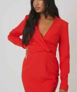 Public Desire UK KAIIA CLOTHING Plunge Front Drape Dress Red