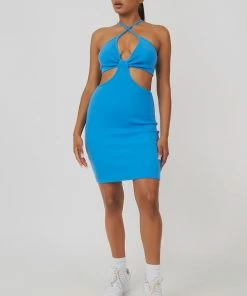 Public Desire UK Rib Ruched Bust Cut Out Mini Dress Blue