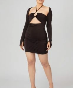 Public Desire UK KAIIA CLOTHING Slinky Ruch Bust Cut Out Long Sleeved Dress Chocolate