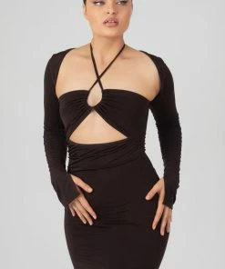 Public Desire UK KAIIA CLOTHING Slinky Ruch Bust Cut Out Long Sleeved Dress Chocolate