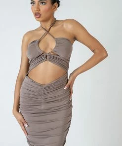 Public Desire UK KAIIA CLOTHING Slinky Loop Ruching Tie Midi Dress Mink Grey