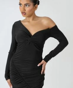 Public Desire UK KAIIA CLOTHING Twist Wrap Gather Long Sleeve Mini Dress Black