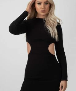 Public Desire UK Ribbed Cut Out Waist Dress Black KAIIA CLOTHING
