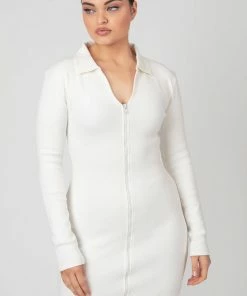 Public Desire UK Zip Through Collared Mini Dress Ecru