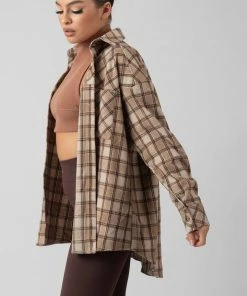 Public Desire UK KAIIA CLOTHING Check Shirt In Camel With Button Fastening