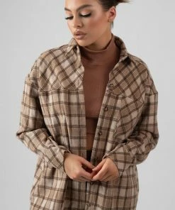 Public Desire UK KAIIA CLOTHING Check Shirt In Camel With Button Fastening