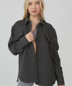 Public Desire UK Oversized Pocket Front Shacket Grey Acid Wash