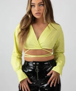 Public Desire UK Wrap Poplin Cropped Shirt Lime KAIIA CLOTHING