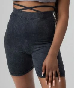 Public Desire UK Tie Waist Cycling Shorts Acid Wash