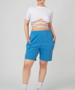 Public Desire UK Long Line Raw Hem Shorts Blue