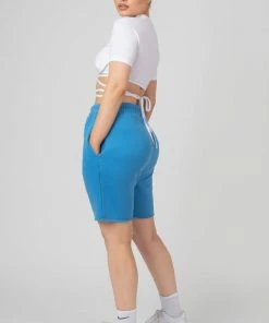 Public Desire UK Long Line Raw Hem Shorts Blue