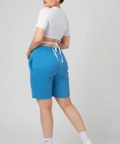 Public Desire UK Long Line Raw Hem Shorts Blue