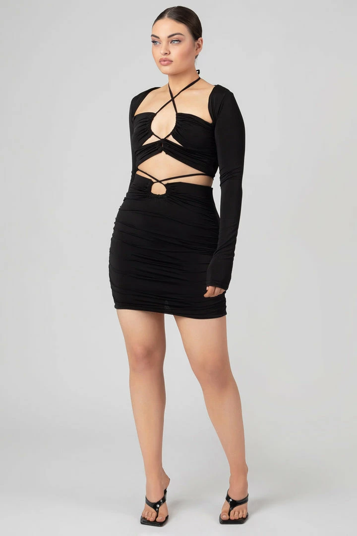 Public Desire UK KAIIA CLOTHING Loop Ruching Midi Skirt Black 2 Public Desire UK KAIIA CLOTHING Loop Ruching Midi Skirt Black