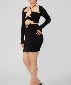 Public Desire UK KAIIA CLOTHING Loop Ruching Midi Skirt Black