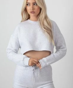 Public Desire UK Oversized Cropped Sweat Oatmeal Marl KAIIA CLOTHING