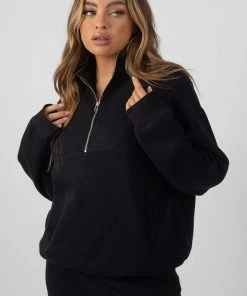 Public Desire UK Oversized Half Zip Pocket Front Sweatshirt Black
