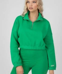 Public Desire UK Oversized Half Zip Gathered Hem Sweat Green