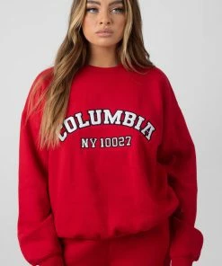 Public Desire UK Oversized Sweatshirt Columbia Embroidered Slogan Red KAIIA CLOTHING