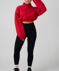 Public Desire UK Oversized High Neck Embroidered Slogan Cropped Sweatshirt Red KAIIA CLOTHING