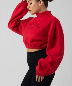 Public Desire UK Oversized High Neck Embroidered Slogan Cropped Sweatshirt Red KAIIA CLOTHING