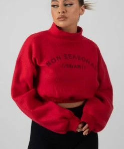 Public Desire UK Oversized High Neck Embroidered Slogan Cropped Sweatshirt Red KAIIA CLOTHING