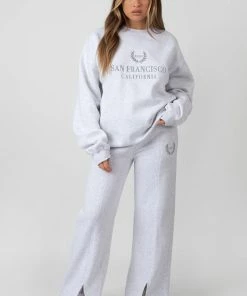 Public Desire UK KAIIA CLOTHING Oversized Embroidered Sweatshirt Oatmeal Marl