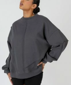 Public Desire UK Oversized Exposed Seam Detail Sweatshirt Dark Grey