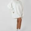 Public Desire UK KAIIA CLOTHING Oversized Embroidered Tonal Sweatshirt Dress Ecru