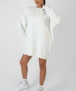 Public Desire UK KAIIA CLOTHING Oversized Embroidered Tonal Sweatshirt Dress Ecru
