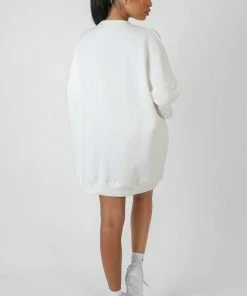 Public Desire UK KAIIA CLOTHING Oversized Embroidered Tonal Sweatshirt Dress Ecru